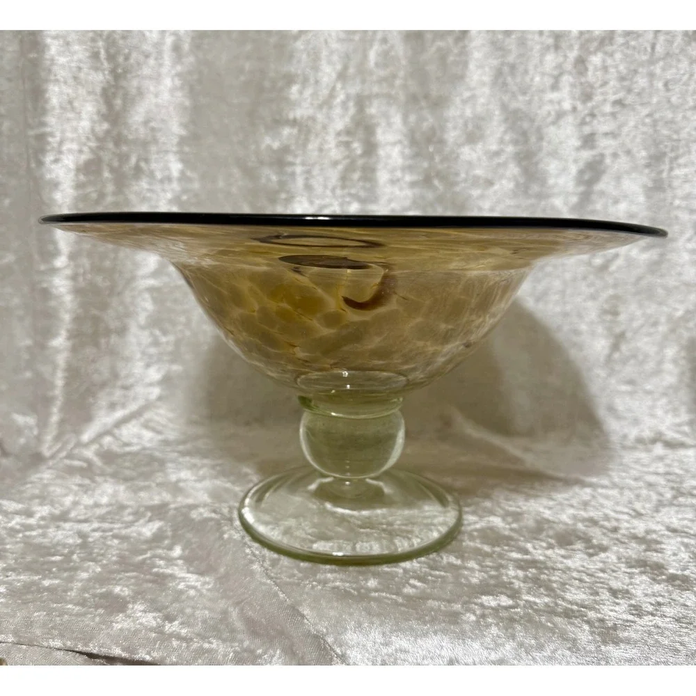 Amber Swirl Bowl Cleat Pedestal Dark Rim Glass Decorative Trinket Dish 6